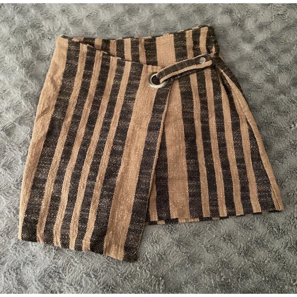 Free People Wrap Mini Skirt M Brown Stripe Asymmetrical Boho Cottage Festival